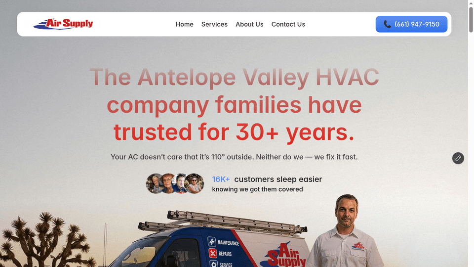 Air Supply Heating and Air Conditioning homepage - Antelope Valley HVAC site with request-a-call form