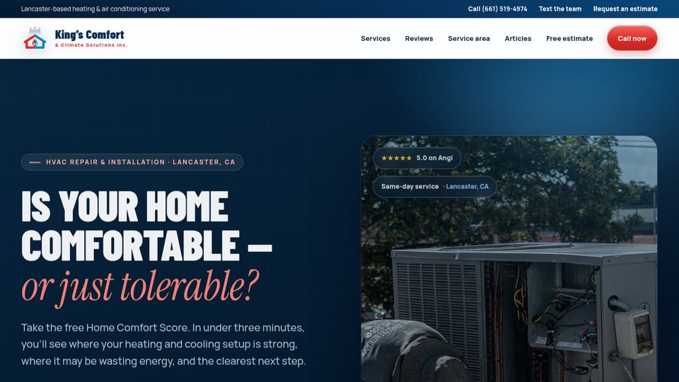 King’s Comfort homepage - Lancaster HVAC site with tap-to-call and a problem-first quiz