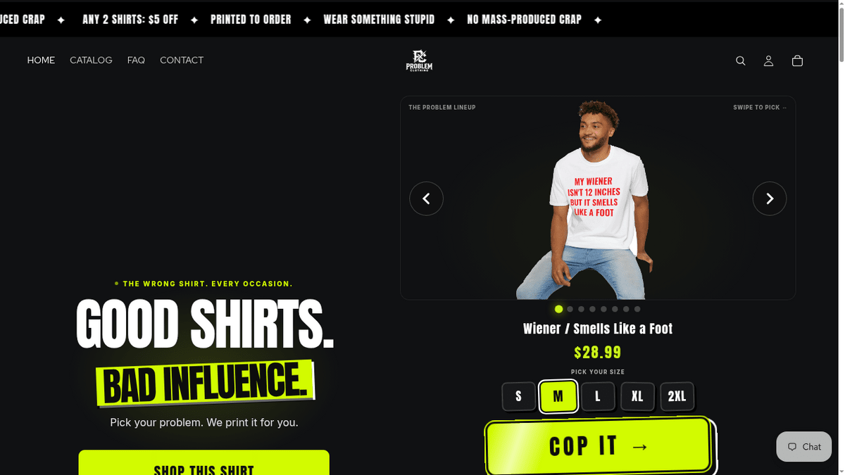 Problem Clothing storefront - custom Shopify theme with product swiper