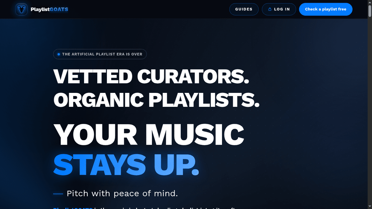 PlaylistGOATS homepage - vetted curators, organic playlists