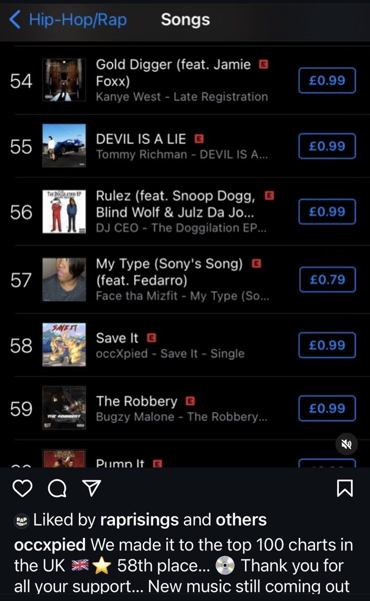 occxpied's Save It at #58 on the UK Hip-Hop/Rap Top 100